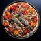 Round pizza with cheese, ham, fish, tomatoes, onions, spices on a plate. Top view