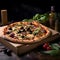 Round pizza with cheese, ham, olives spices on a wooden kitchen board. Around the decoration with vegetables and spices. Dark