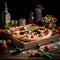 Round pizza with cheese, ham, olives spices on a wooden kitchen board. Around the decoration with vegetables and spices. Dark