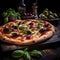 Round pizza with cheese, ham, olives spices on a wooden kitchen board. Around the decoration with vegetables and spices. Dark