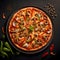 Round pizza with cheese, mushrooms, peppers, spices.Around decorations with vegetables and spices. Top view