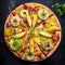 Round pizza with cheese, salami, tomatoes, pumpkin spices.Decorations of vegetables and spices all around. Top view