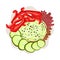 Round plate with sliced cabbage on a red sheet of salad. Vector illustration.