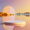 Round platform on water with yellowish sunset with landscape background for your product display.