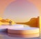 Round platform on water with yellowish sunset with landscape background for your product display.