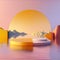Round platform on water with yellowish sunset with landscape background for your product display.