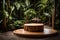 Round podium made of wood with a backdrop of tropical vegetation