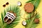 Round rattan bag, coconut, birkenstocks, palm branches, sunglasses on yellow background. Banner. Top view with copy