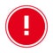 Round red exclamation point icon, button, attention symbol on white background