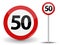 Round Red Road Sign Speed limit 50 kilometers per hour. Vector Illustration.