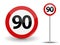 Round Red Road Sign Speed limit 90 kilometers per hour. Vector Illustration.