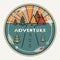 Round retro or vintage style. Outdoor decor for cars, travel. Mountains, pines, sunset. Inscription Adventure. The