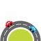 Round road on the bottom and cartoon cars. Flat design. Green grass. White background