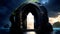 round rock entrance to a mysterious tropical rock temple, magic inscription on the door, fantasy art and painting,