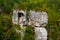 Round rock formations attract climbers. sandstone rock towers polished by wind erosion. deciduous, mixed forest with beeches in ea