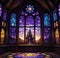 Round room with stained glass in an ancient medieval castle, large beautiful stained glass windows with purple light,