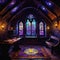 Round room with stained glass in an ancient medieval castle, large beautiful stained glass windows with purple light,