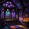 Round room with stained glass in an ancient medieval castle, large beautiful stained glass windows with purple light,