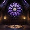 Round room with stained glass in an ancient medieval castle, large beautiful stained glass windows with purple light,