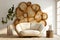 Round rustic loveseat sofa and stump side table near wall with beautiful and unique wooden cut decor. Interior design of modern