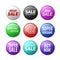 Round sale badges. 3D promotional brooches. Collection of circle tags with white lettering. Advertising labels. Special