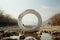 A round sculpture sitting on top of a rocky beach. Minimalism