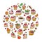 Round set of coffee cup, cakes, fruit, berries and sweets. Vector illustration, round background