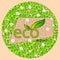 A round shape of leaves and chamomiles with the inscription eco product on a light background. Eco logo, banner