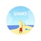 Round shape about summer season with water and sand tower flat style