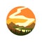 Round-shaped emblem of landscape with beautiful sunset, pine forest, river and mountains. Natural environment icon. Wild