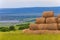 Round sheaves of hay in rolls. Background with copy space