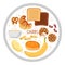 Round sign with carbs food. Food macronutrients. High carbs food isolated on white. Carbohydrate diet Potatoe, bread