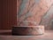 Round smooth marble podium for elegant presentations on red gray background. Natural rock stone for mockup template. Generative AI
