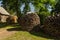 Round stacks of split firewood in sunny summer day