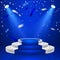 Round stage podium. Stage vector backdrop. Festive podium scene with blue carpet and confetti for award ceremony. Vector