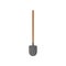 Round steel shovel with brown wooden handle for digging. Cartoon archaeologist working tool for excavations. Archeology