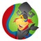 Round sticker with the image of a cheerful parrot in a pirate hat and eye patch. Cartoon illustration for gaming mobile