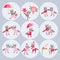 Round stickers with cute cartoon raccoons. Vector illustration