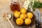 Round sweet curd donuts on wooden plate