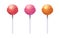 Round sweet lolly candies. Realistic lollipop set. Caramel spheres on plastic sticks. Sugary food, isolated yummy