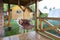 Round swinging chair in the gazebo outdoors. Summer