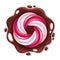 Round swirl candy on chocolate splash background.