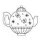 Round teapot with butterflies on isolated background, Doodle style.