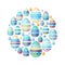 Round template with festive Easter elements, painted eggs. Circle with cute childish ornament. Pretty illustration can be used as
