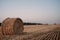 A round twisted straw haystack in a field. Orange mown wheat field. A circle of straw