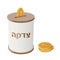 Round Tzedakah box vector illustration. Side view donation box with coin slot and falling golden money.