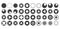 Round vector buttons with triangle icons diamonds squares circles crosses flat black contours set of forty isolated on white backg