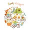 Round vector illustration with friendly family and camping equip