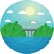 Round vector illustration landscape bridge between two hills and the lake shores