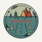 Round vintage sticker Adventure. The road, the arrows, mountains, fir trees. Symbol of free travel. Camper tourism. Van life label